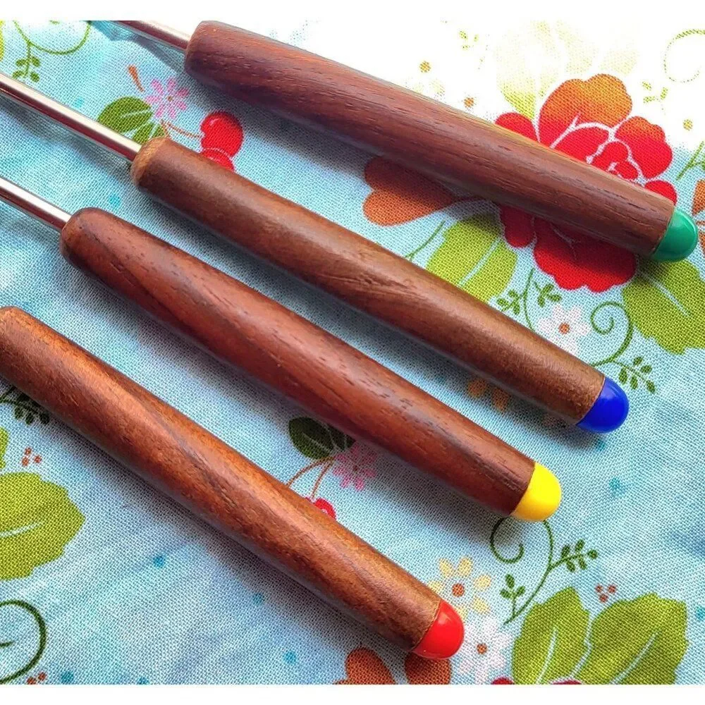 Oster Fondue Forks Stainless Steel MCM Wood Handle Color Dot 4each Vintage Japan